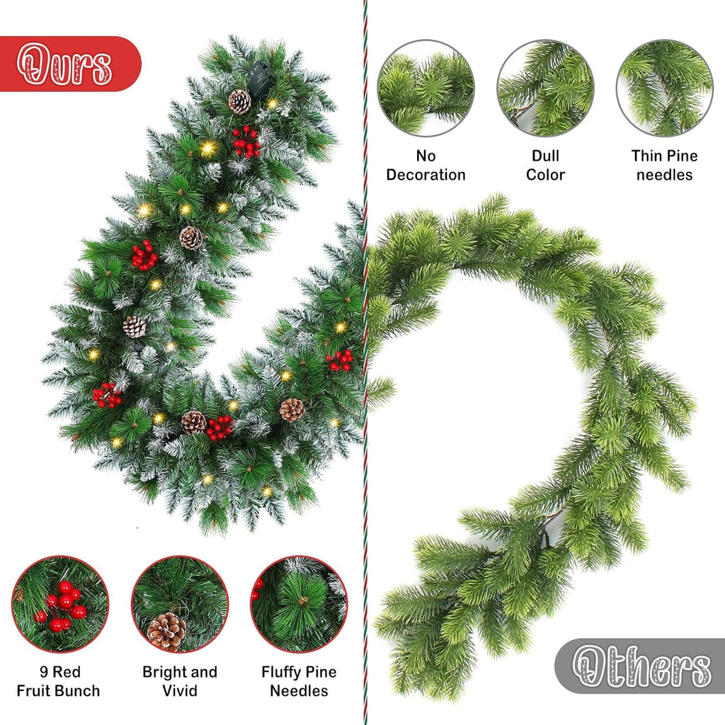 Christmas garland,christmas garland with lights Decorated Snow Tipped Artificial Green Xmas Garland with Pinecones and Red Berries for Home Stairs Fireplace Front, Christmas Decorations 9 Ft