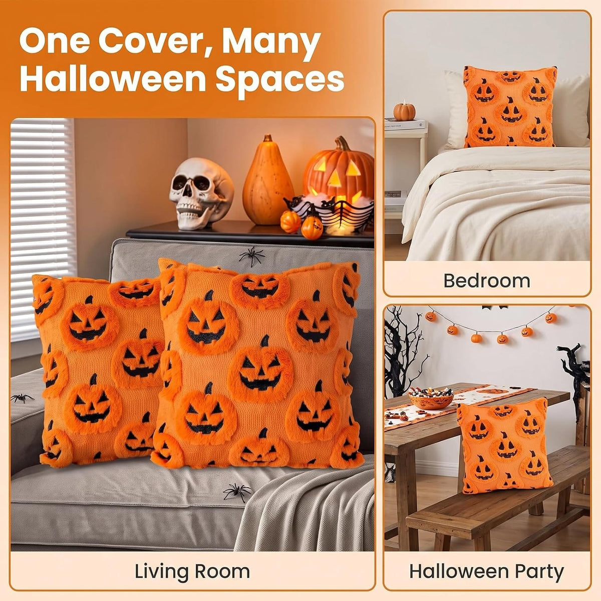 2 PCS Halloween Cushion Covers 45 x 45 cm Halloween Cushions Funny Ghost Pumpkin Cushion, Halloween Home Decor for Sofa Bedroom Living Room Home Decor (Emoticon Pumpkin)