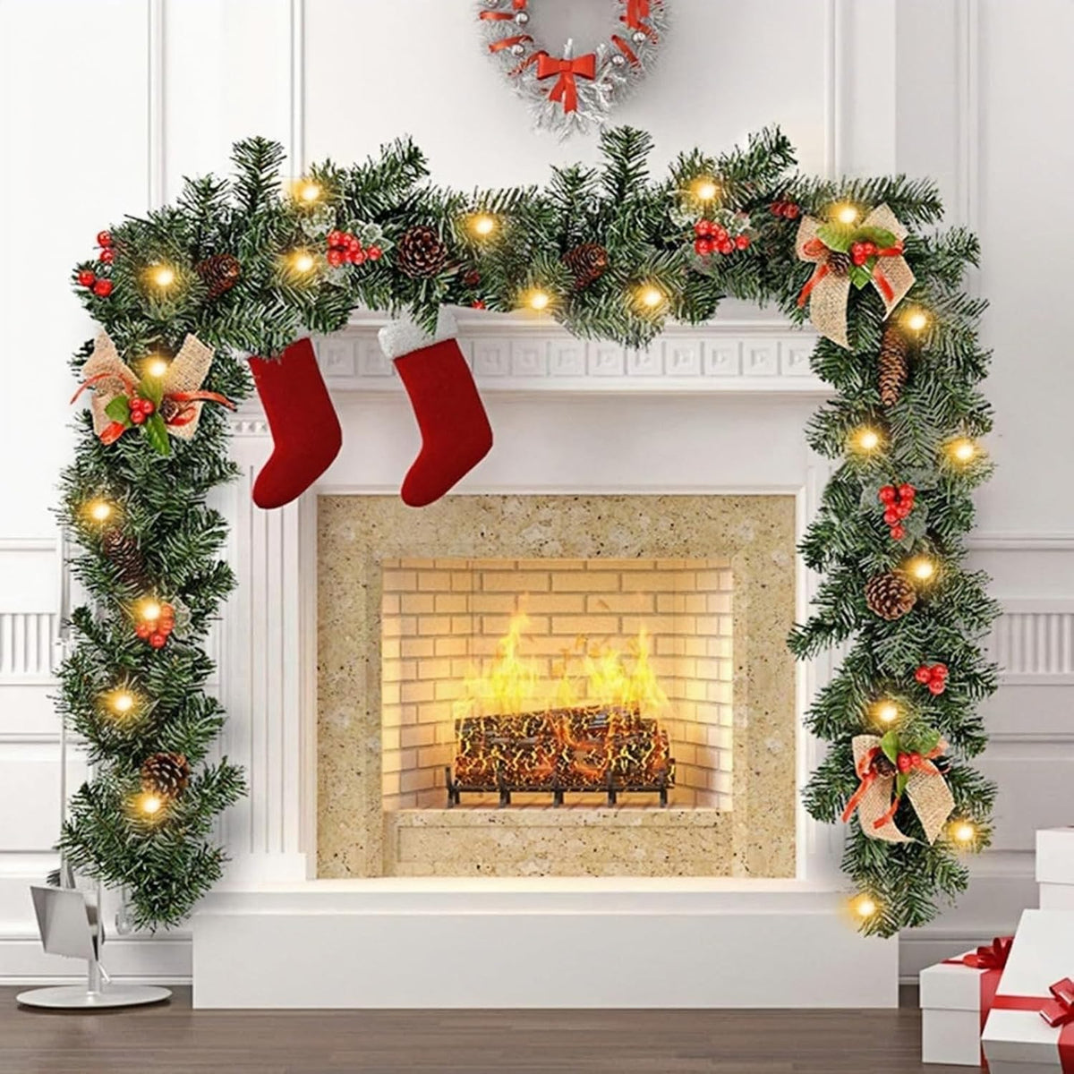 1.8M/6FT Christmas Garland with Lights, Christmas Garlands for Fireplace Stairs PE Artificial Wreath with 50 LED Lights for Xmas Tree Front Door Home Holiday Decor
