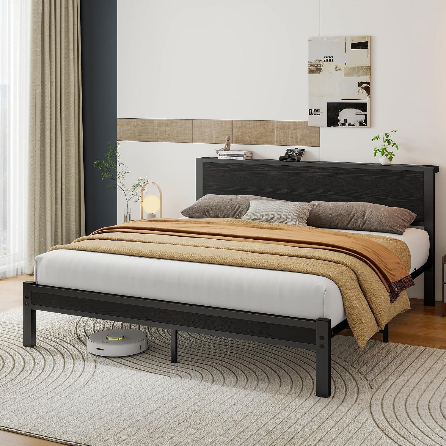 Metal Bed Frame with Wooden Storage Headboard | Heavy Duty Steel Slats | Single, Double & King