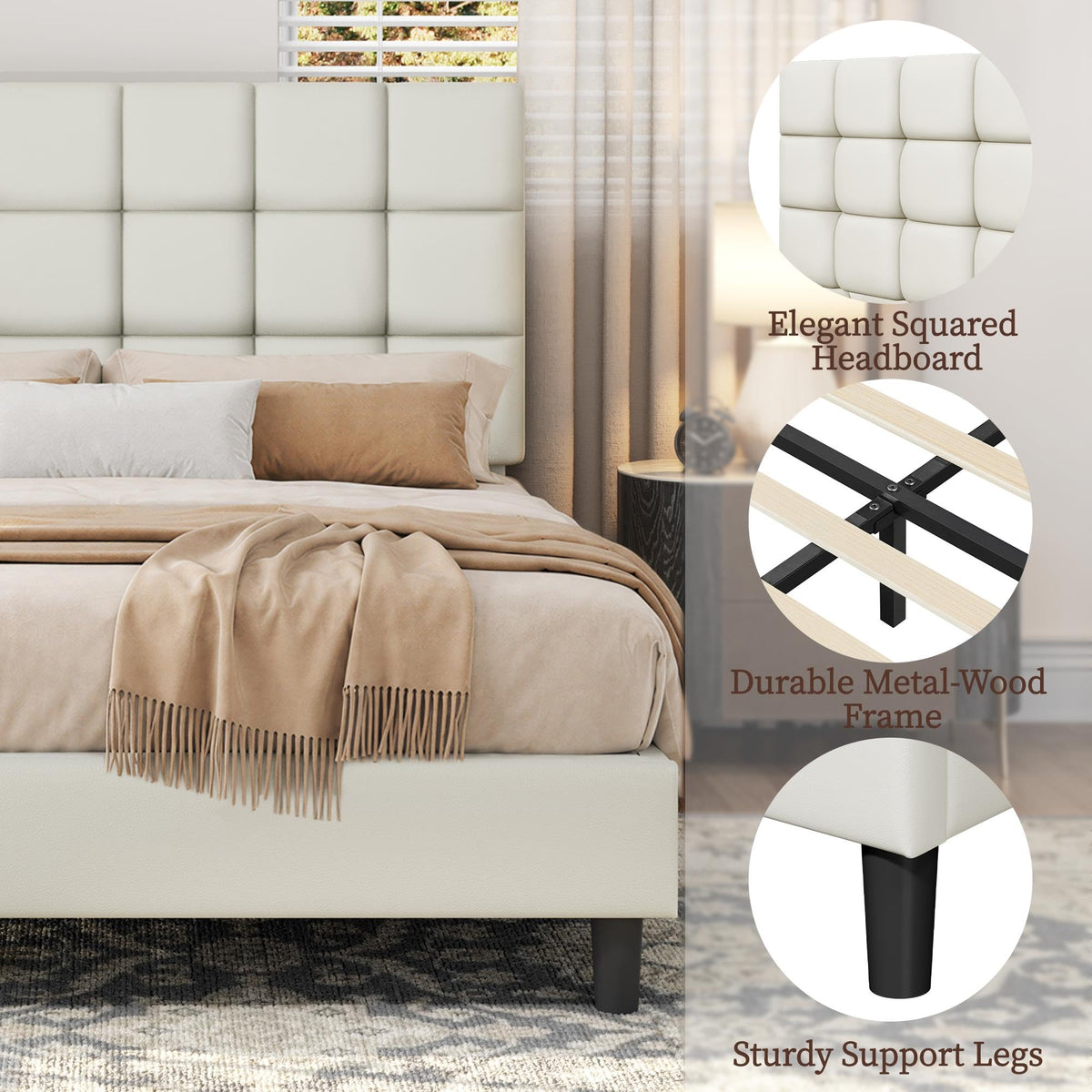 Upholstered Bed Frame with Square Tufted Headboard