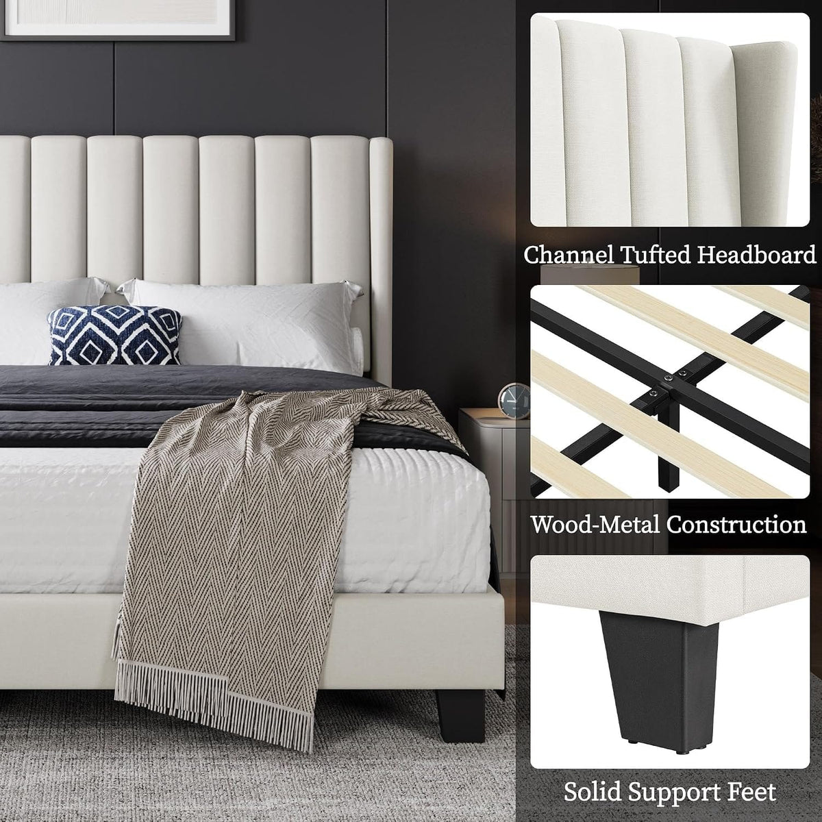 Shano Furniture Channel-Tufted Wing Bed Frame, Double, Beige