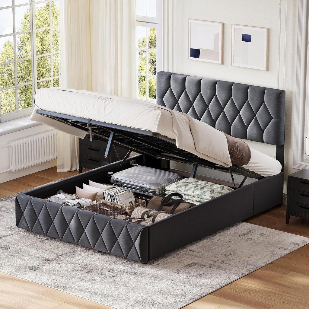 Velvet Ottoman Storage Bed with Wingback Headboard | Hydraulic Lift | 300kg Capacity | Double & King | Grey & Cream