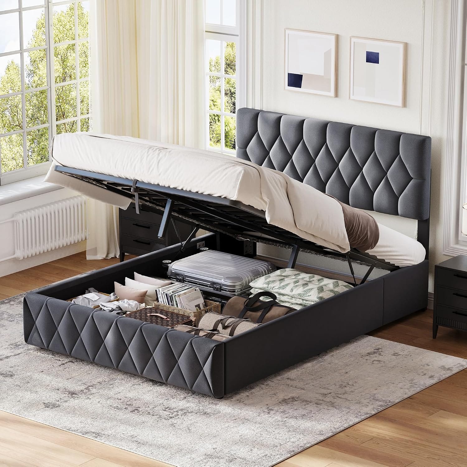 Velvet Ottoman Storage Bed with Wingback Headboard | Hydraulic Lift | 300kg Capacity | Double & King | Grey & Cream