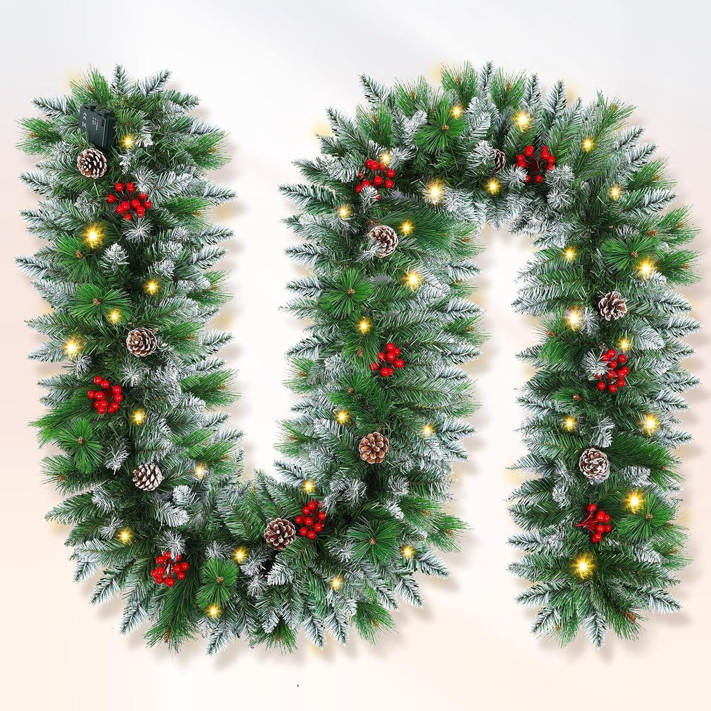 Christmas garland,christmas garland with lights Decorated Snow Tipped Artificial Green Xmas Garland with Pinecones and Red Berries for Home Stairs Fireplace Front, Christmas Decorations 9 Ft