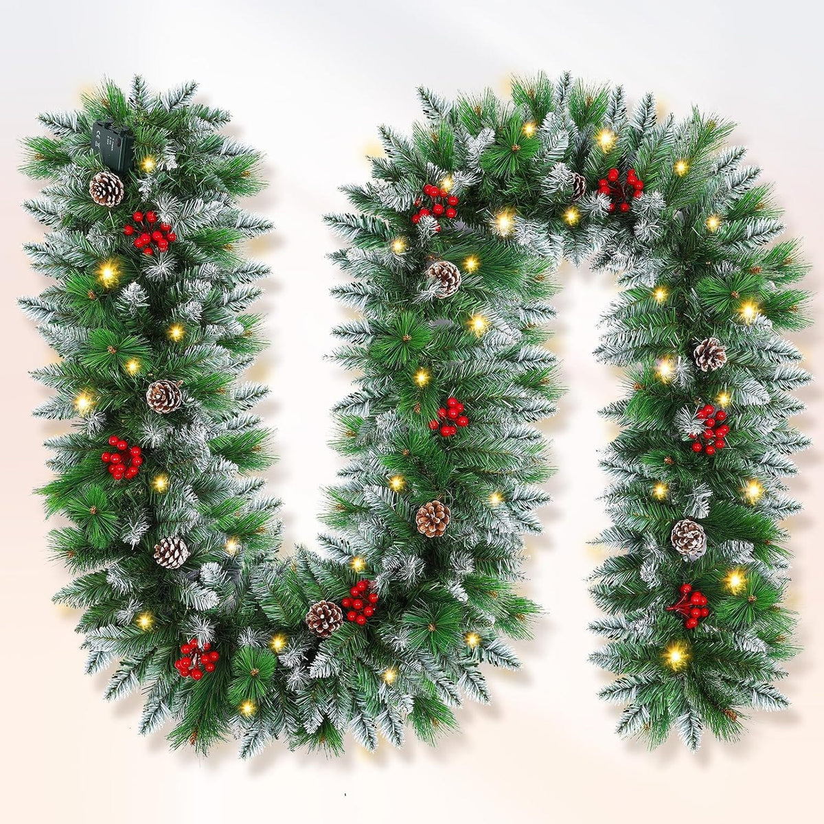 Christmas garland,christmas garland with lights Decorated Snow Tipped Artificial Green Xmas Garland with Pinecones and Red Berries for Home Stairs Fireplace Front, Christmas Decorations 9 Ft