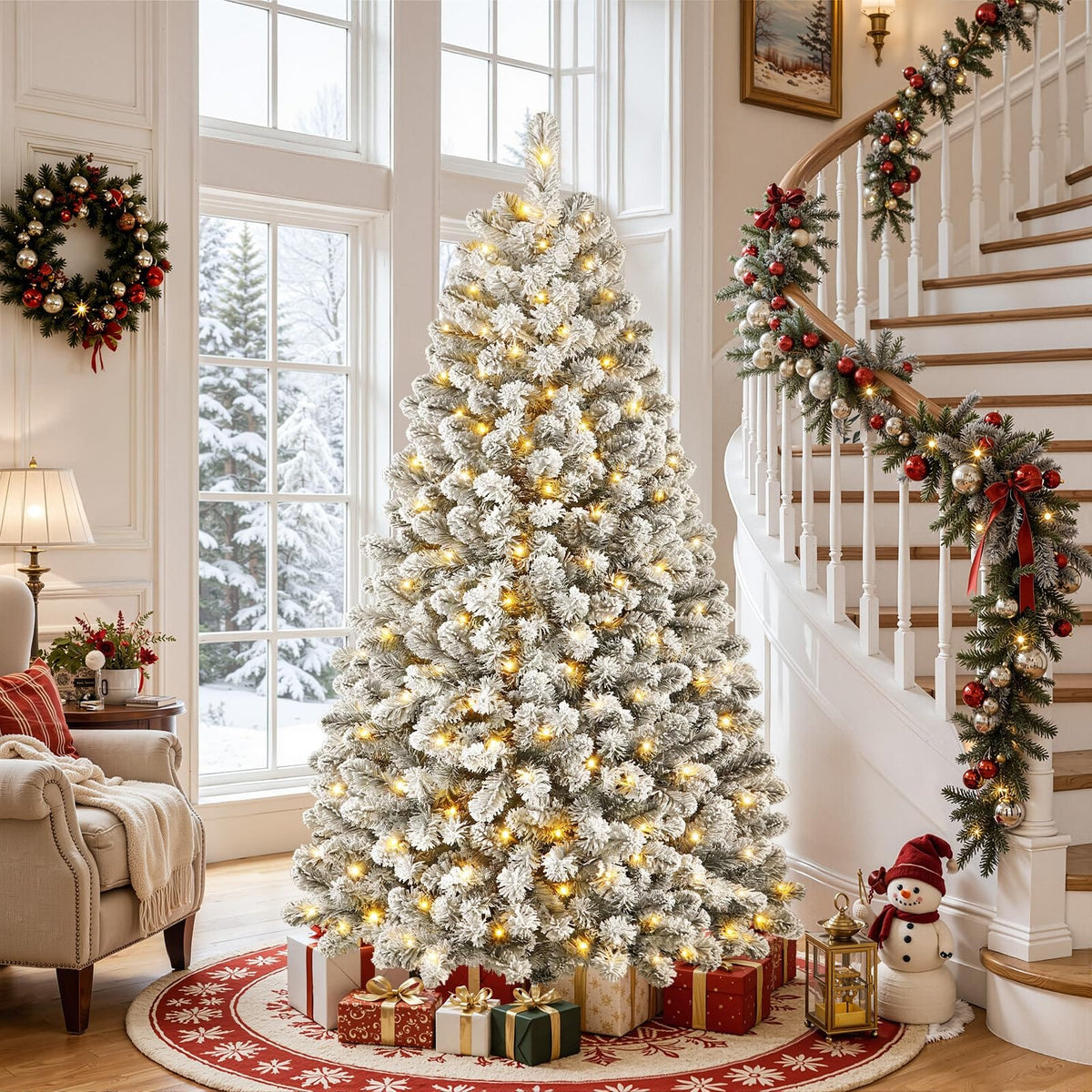 Shano's Pre Lit Christmas Tree Snow Flocked with 13 Modes & 932 Tips