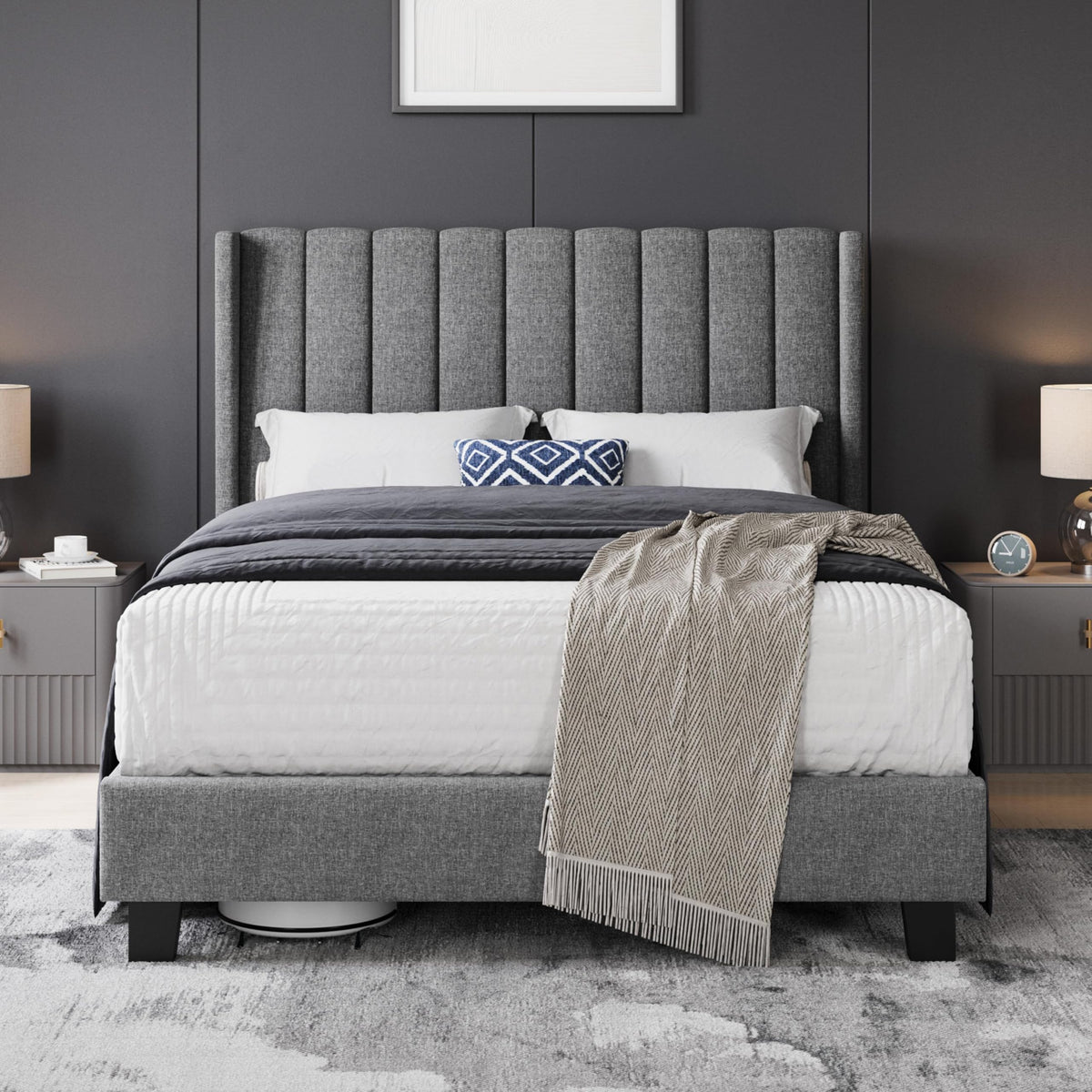 Shano Furniture Channel-Tufted Wing Bed Frame, Double, Beige