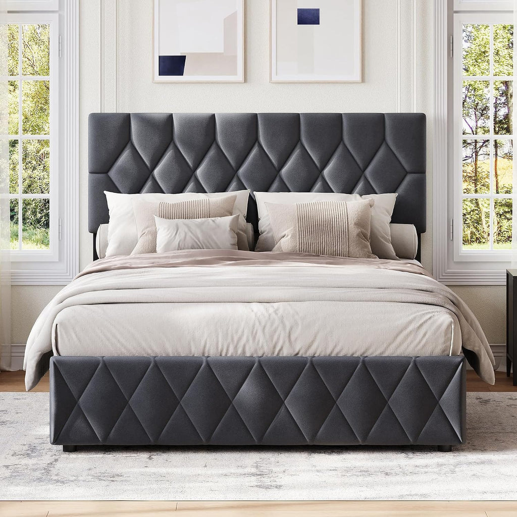 Velvet Ottoman Storage Bed with Wingback Headboard | Hydraulic Lift | 300kg Capacity | Double & King | Grey & Cream