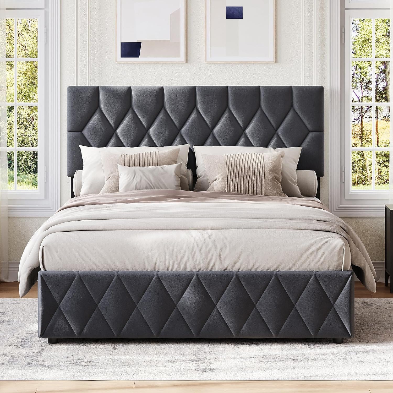 Velvet Ottoman Storage Bed with Wingback Headboard | Hydraulic Lift | 300kg Capacity | Double & King | Grey & Cream