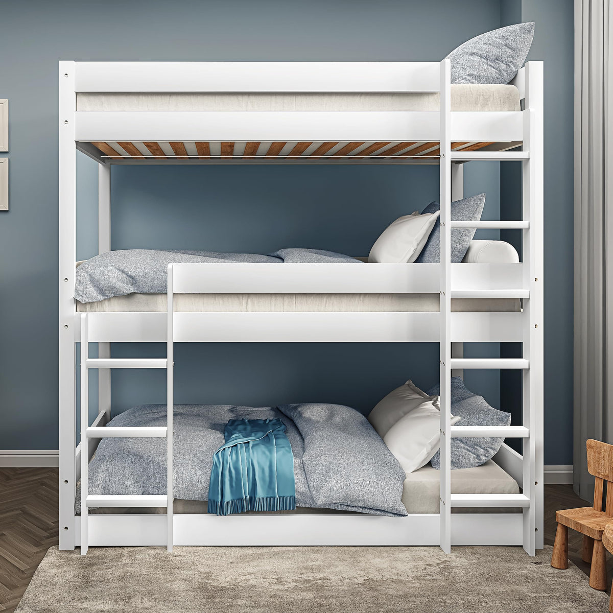 Shano Bunk Bed, 3ft Triple Bunk Bed with Ladder, Wooden Triple Sleeper Kids Bunk Bed, Solid Pine Wood Single Bed Frame for Children, Space Saving High Sleeper Bunk Bed