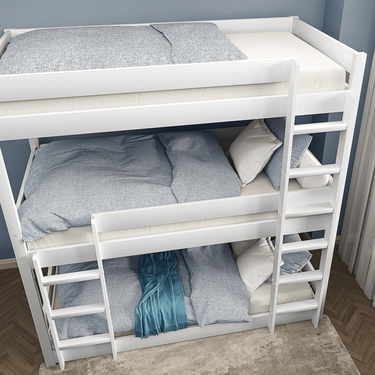 Shano Bunk Bed, 3ft Triple Bunk Bed with Ladder, Wooden Triple Sleeper Kids Bunk Bed, Solid Pine Wood Single Bed Frame for Children, Space Saving High Sleeper Bunk Bed