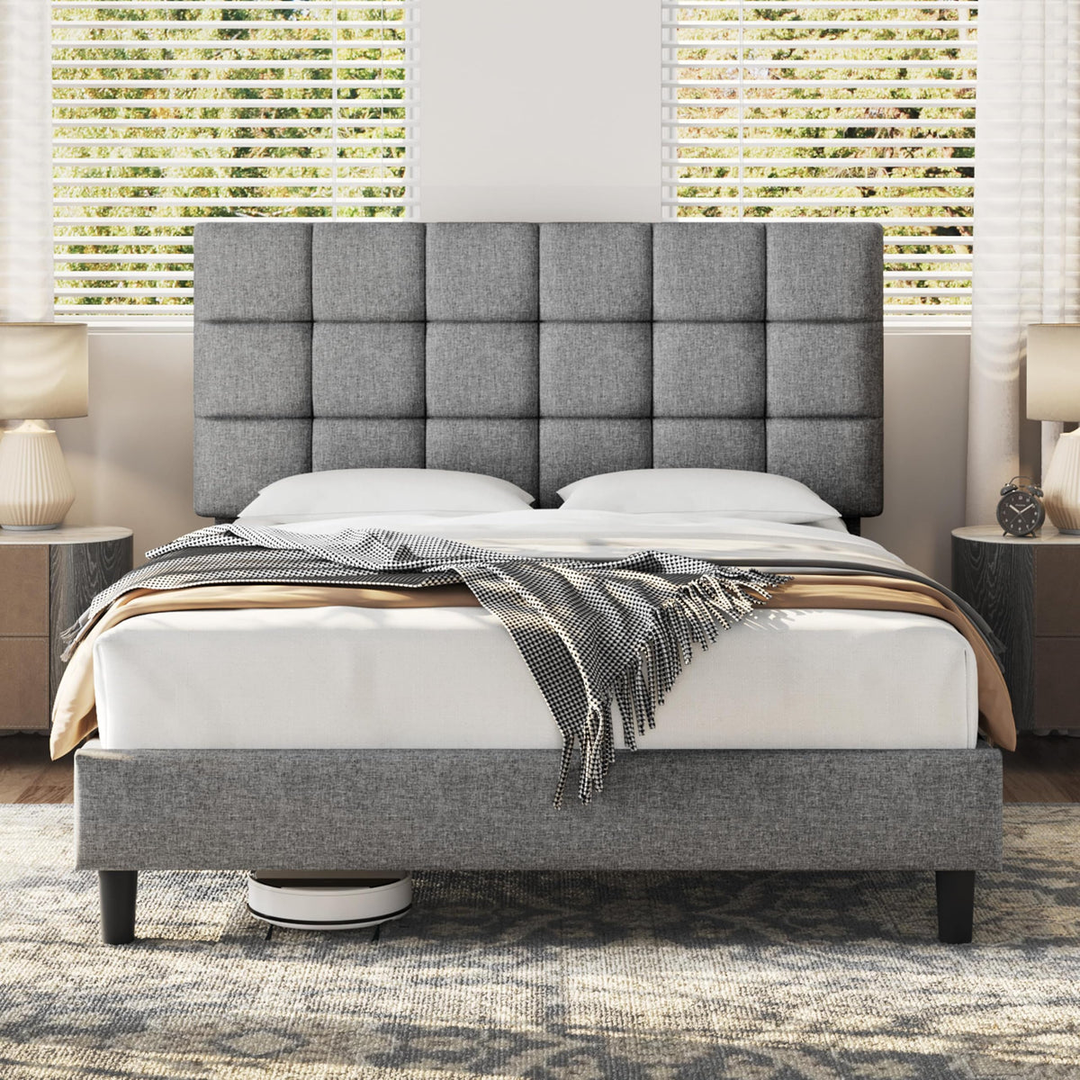 Upholstered Bed Frame with Square Tufted Headboard