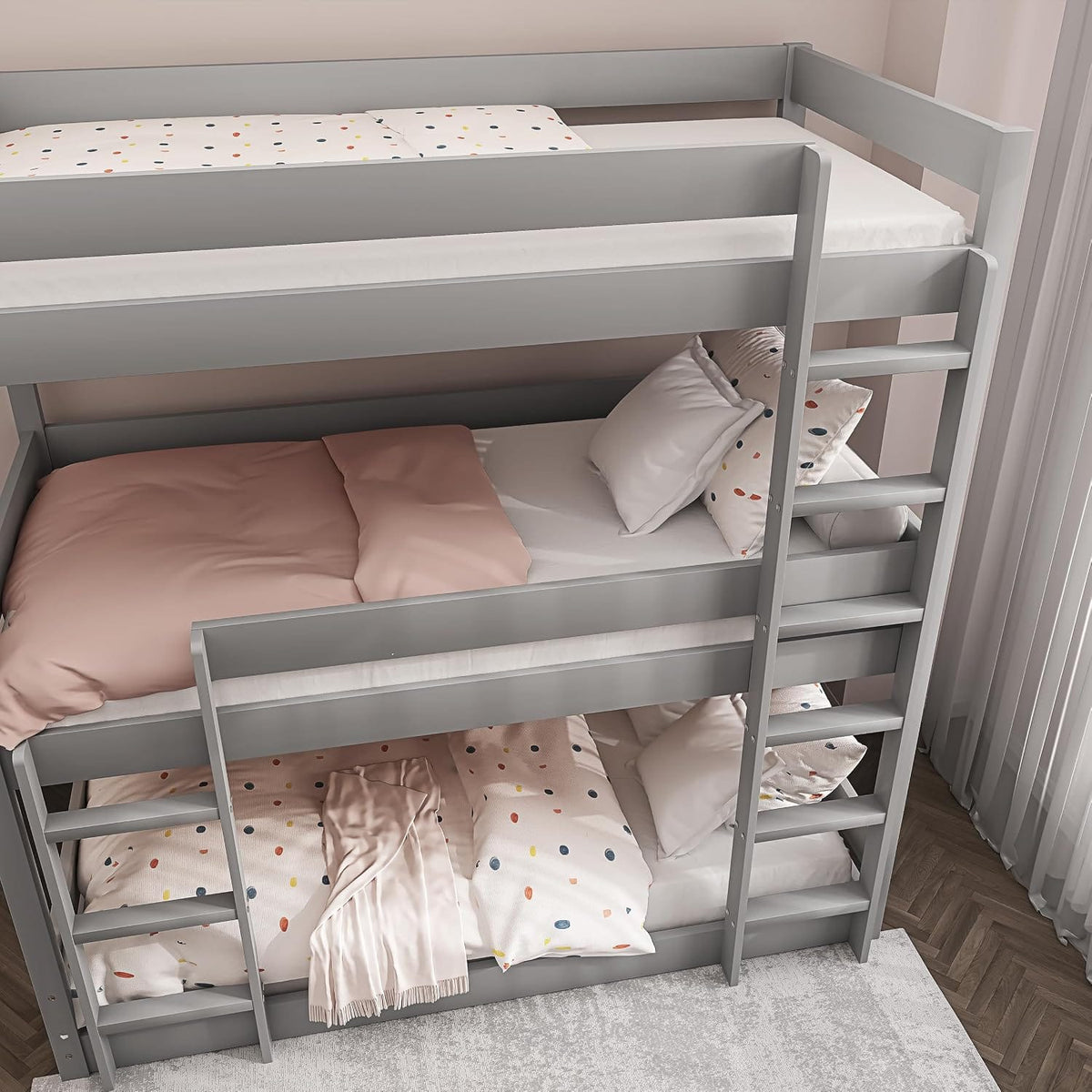 Shano Bunk Bed, 3ft Triple Bunk Bed with Ladder, Wooden Triple Sleeper Kids Bunk Bed, Solid Pine Wood Single Bed Frame for Children, Space Saving High Sleeper Bunk Bed