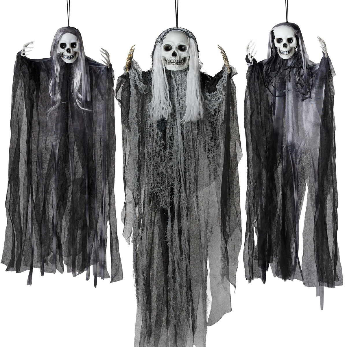 JOYIN 3 Pack Hanging Halloween Skeleton Ghosts Decorations, Grim Reapers for Halloween Outdoor Decorations