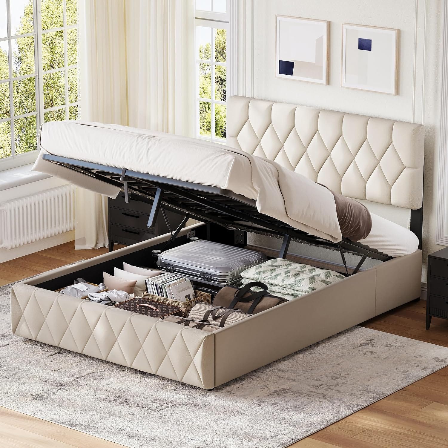 Velvet Ottoman Storage Bed with Wingback Headboard | Hydraulic Lift | 300kg Capacity | Double & King | Grey & Cream
