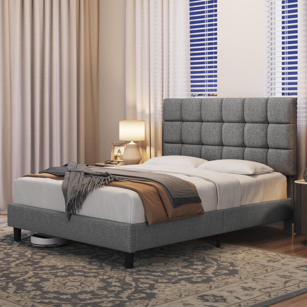 Upholstered Bed Frame with Square Tufted Headboard