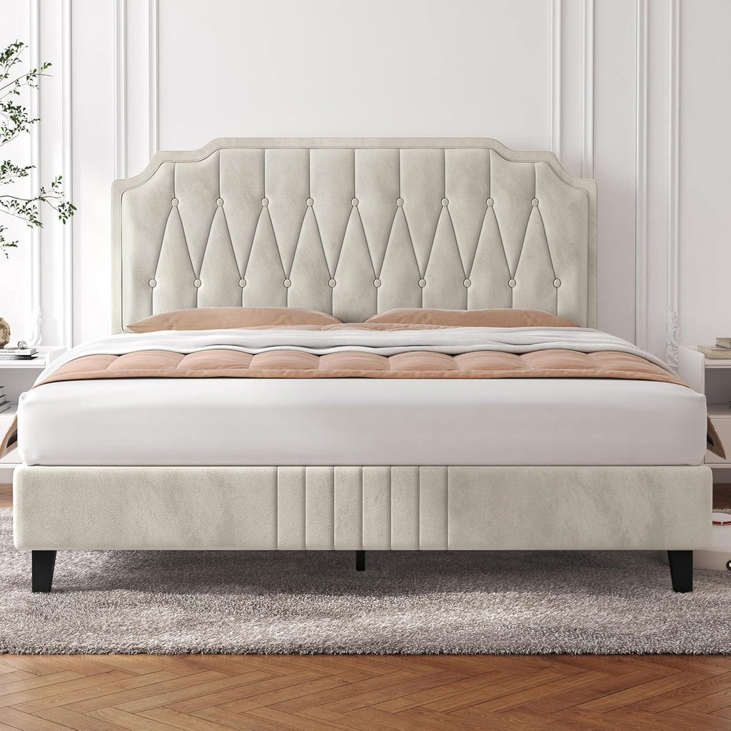 Velvet Upholstered Bed Frame | Button-Tufted Headboard | Wooden Slats | Double & King
