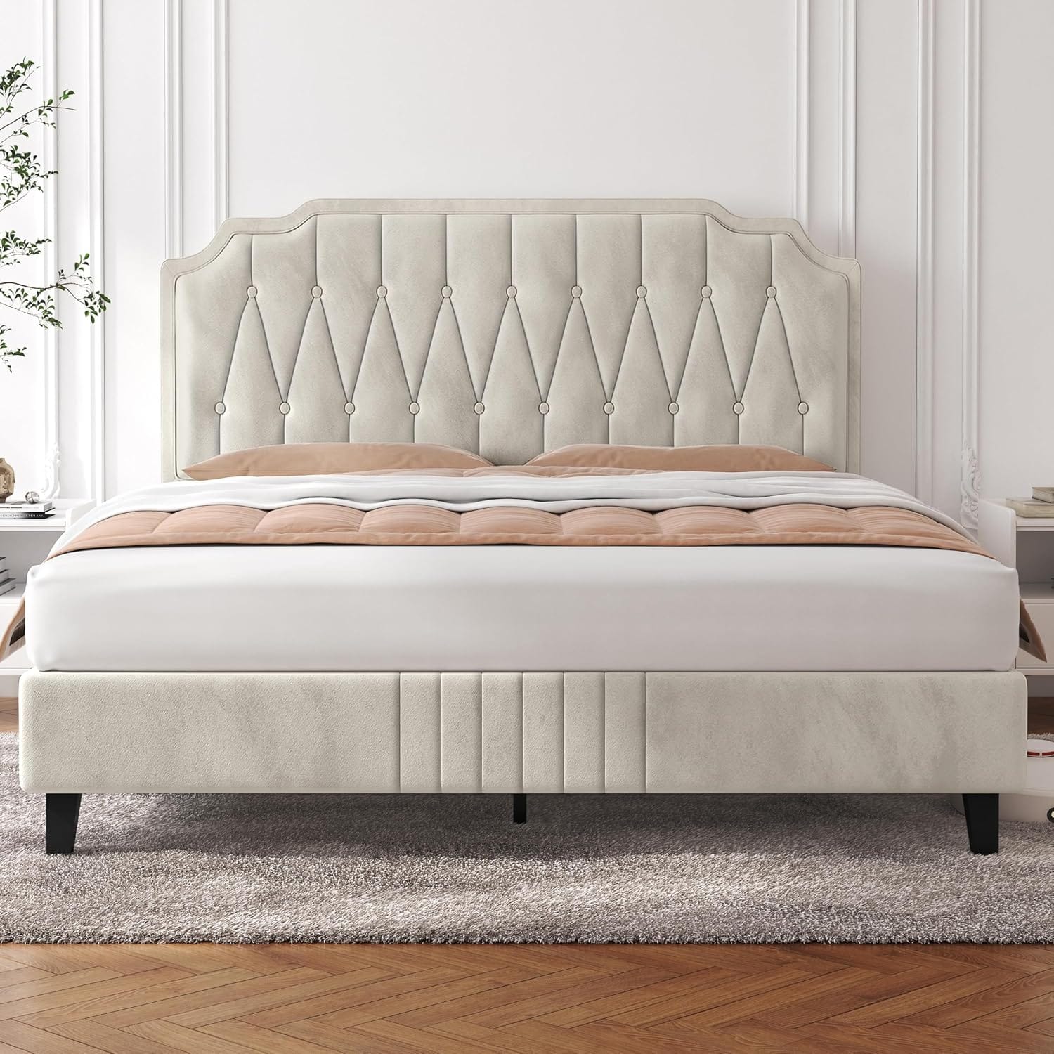 Velvet Upholstered Bed Frame | Button-Tufted Headboard | Wooden Slats | Double & King