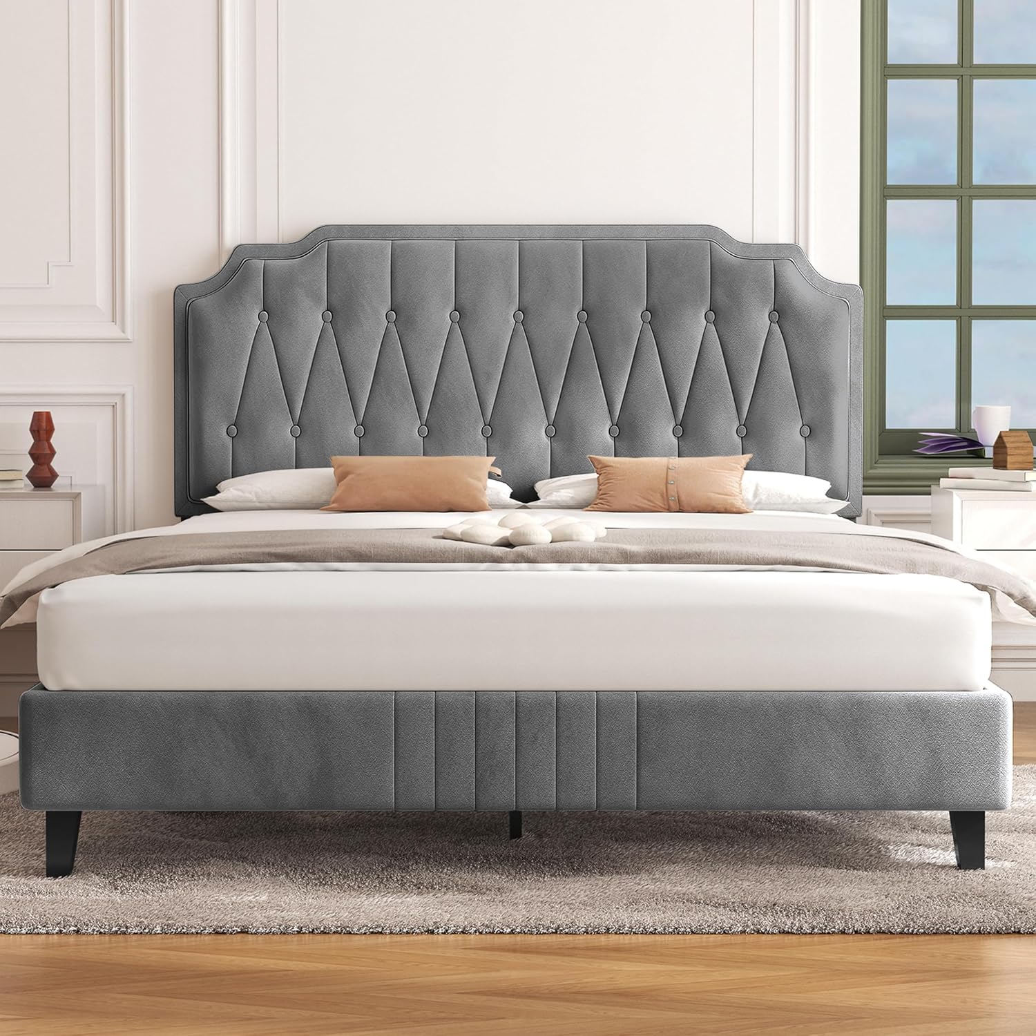 Velvet Upholstered Bed Frame | Button-Tufted Headboard | Wooden Slats | Double & King