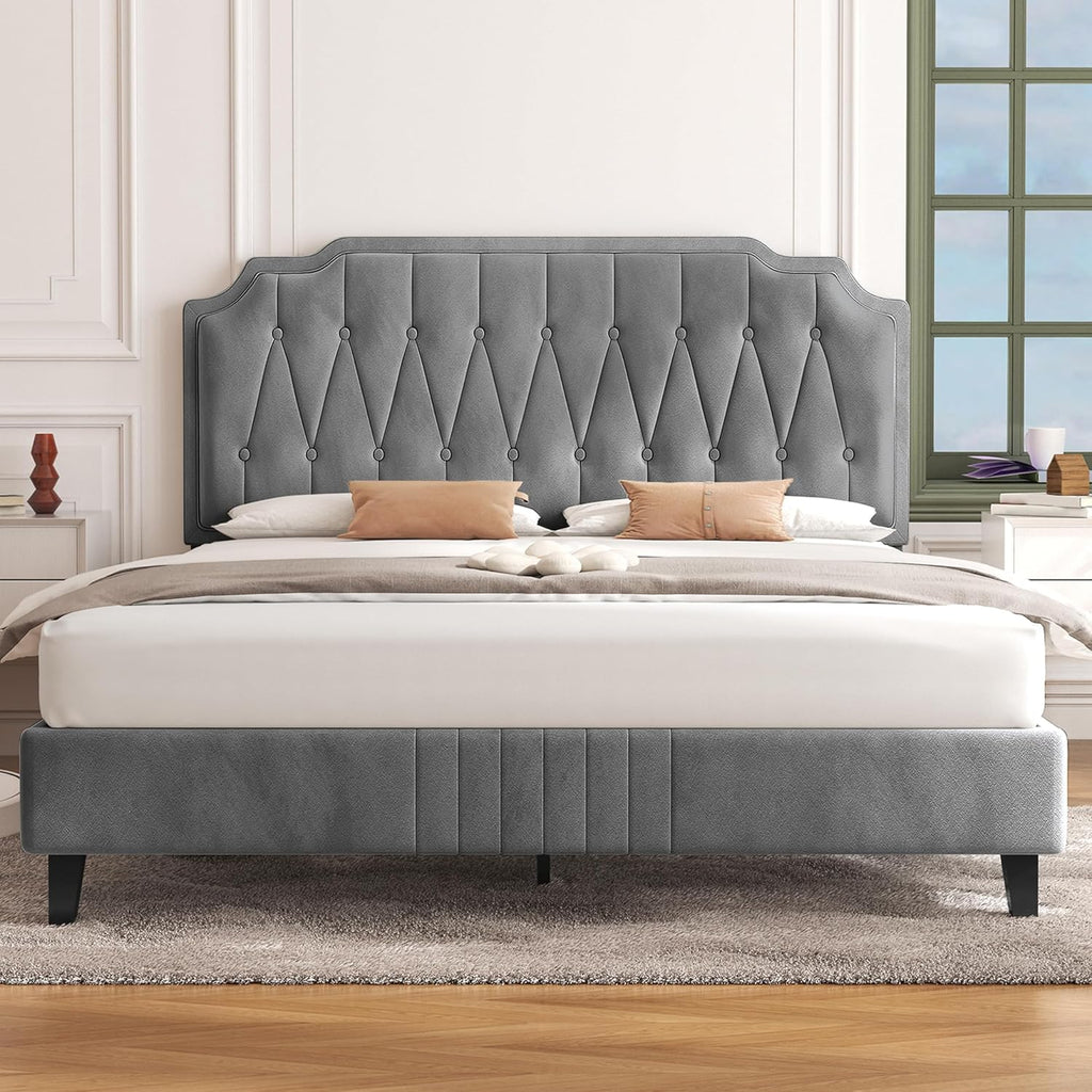 Velvet Upholstered Bed Frame | Button-Tufted Headboard | Wooden Slats | Double & King