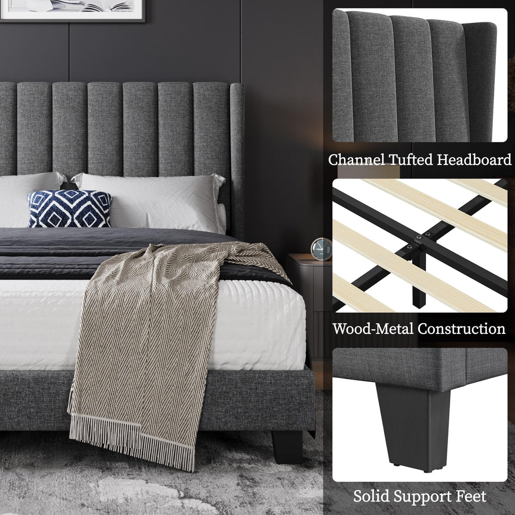 Shano Furniture Channel-Tufted Wing Bed Frame, Double, Beige