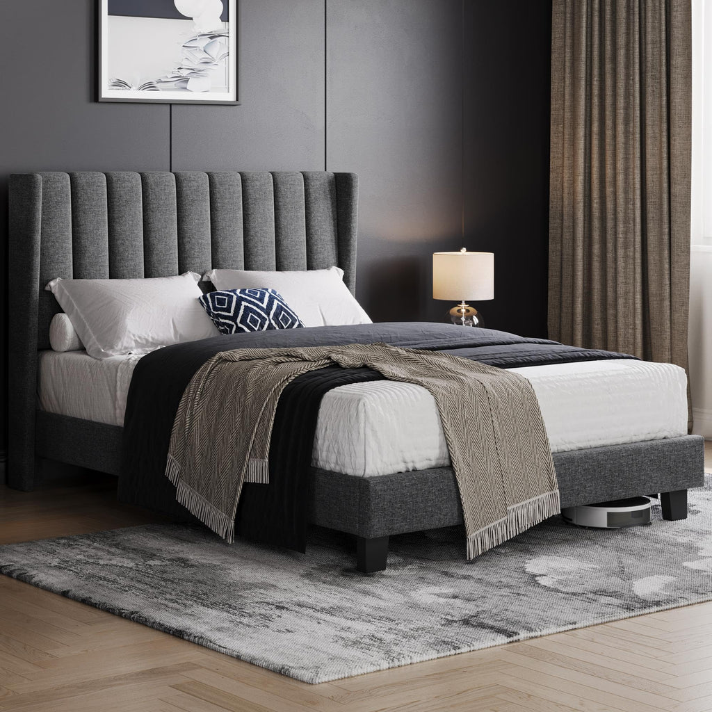 Shano Furniture Channel-Tufted Wing Bed Frame, Double, Beige