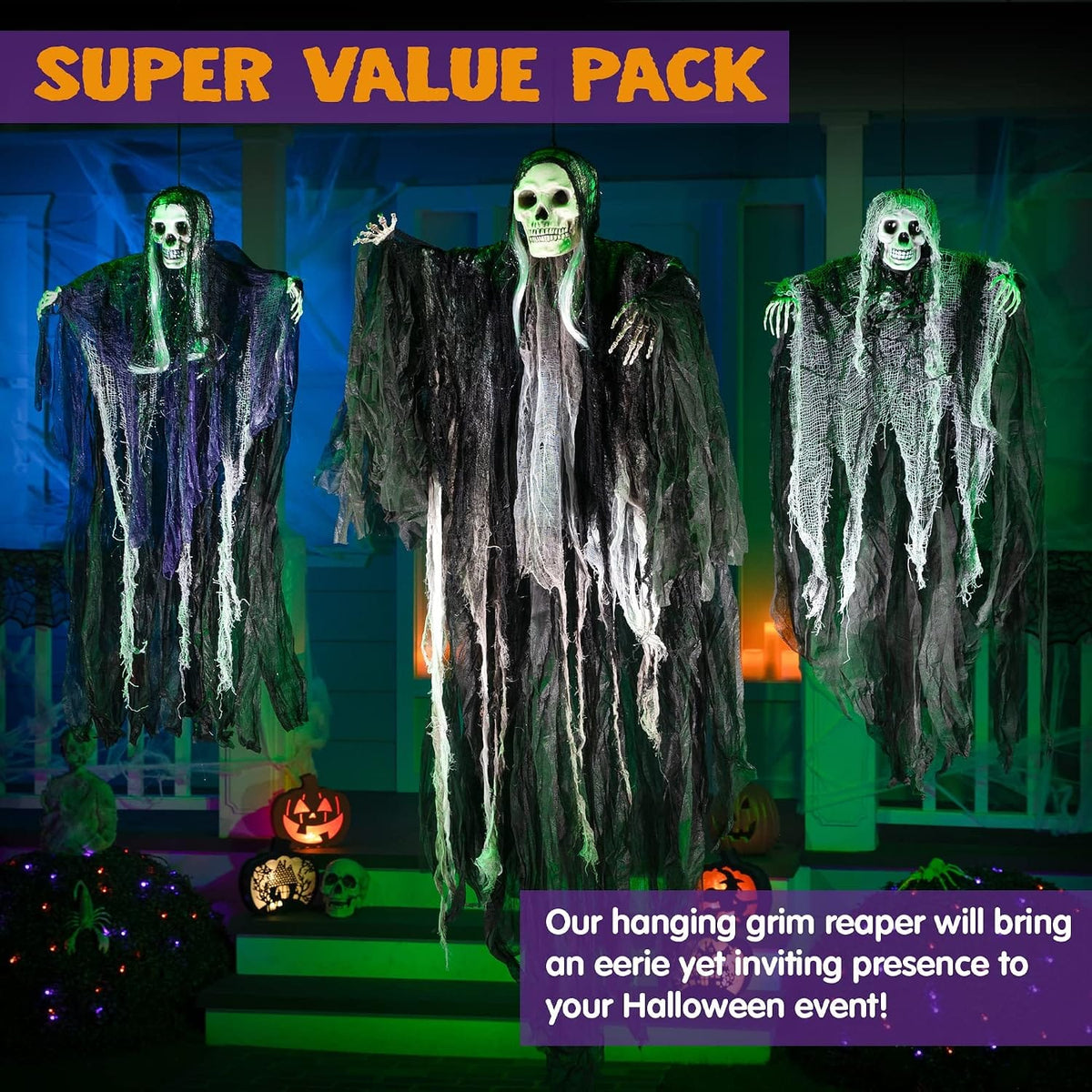 JOYIN 3 Pack Hanging Halloween Skeleton Ghosts Decorations, Grim Reapers for Halloween Outdoor Decorations
