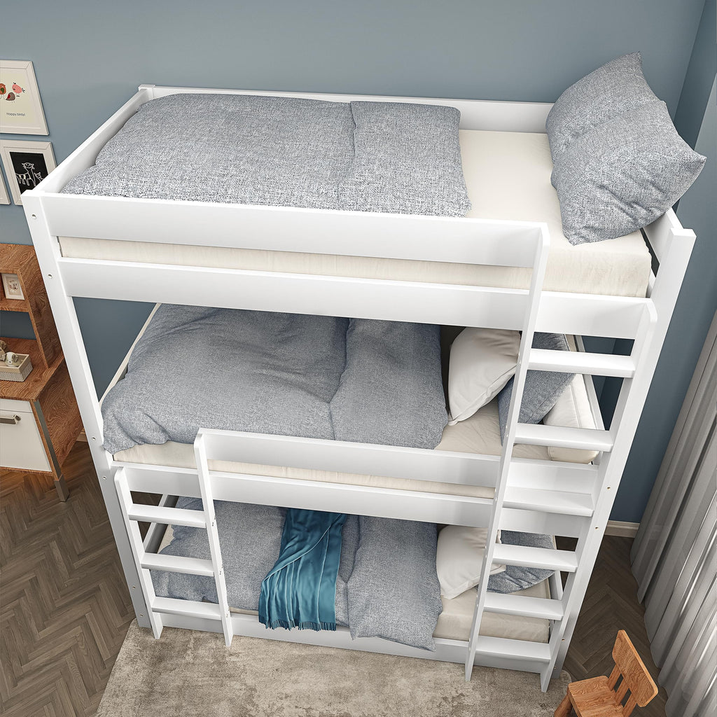 Shano Bunk Bed, 3ft Triple Bunk Bed with Ladder, Wooden Triple Sleeper Kids Bunk Bed, Solid Pine Wood Single Bed Frame for Children, Space Saving High Sleeper Bunk Bed