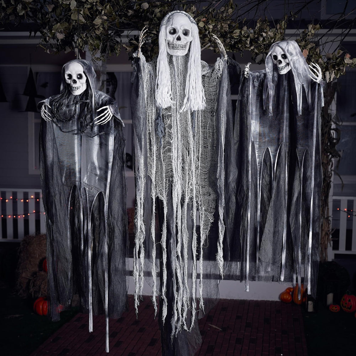 JOYIN 3 Pack Hanging Halloween Skeleton Ghosts Decorations, Grim Reapers for Halloween Outdoor Decorations