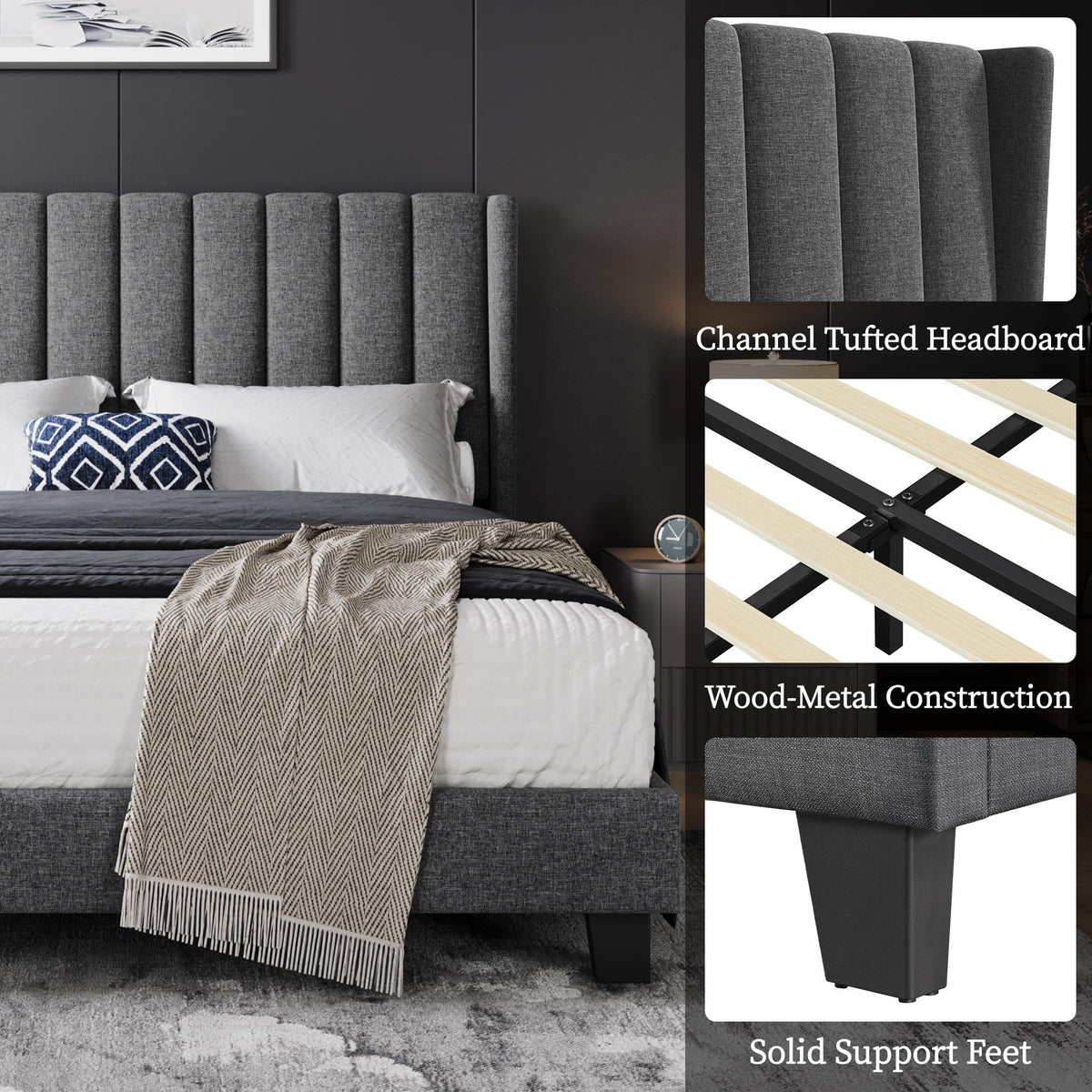 Shano Furniture Channel-Tufted Wing Bed Frame, Double, Beige