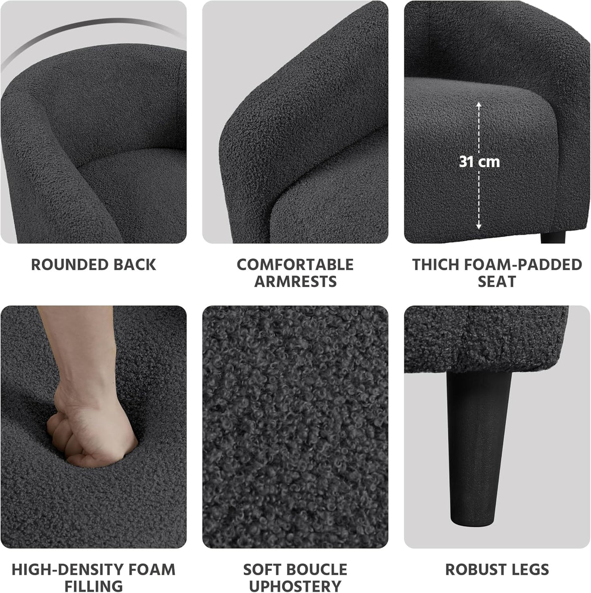 Shano Boucle Accent Tub Chair | Scandinavian Style | 28D Foam | Tapered Wooden Legs | 4 Colours