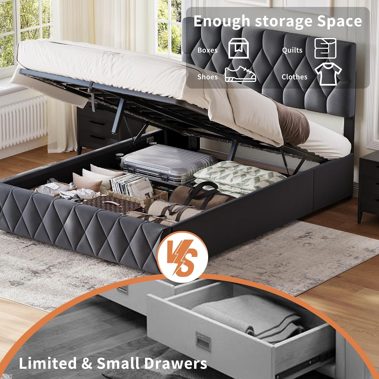 Velvet Ottoman Storage Bed with Wingback Headboard | Hydraulic Lift | 300kg Capacity | Double & King | Grey & Cream