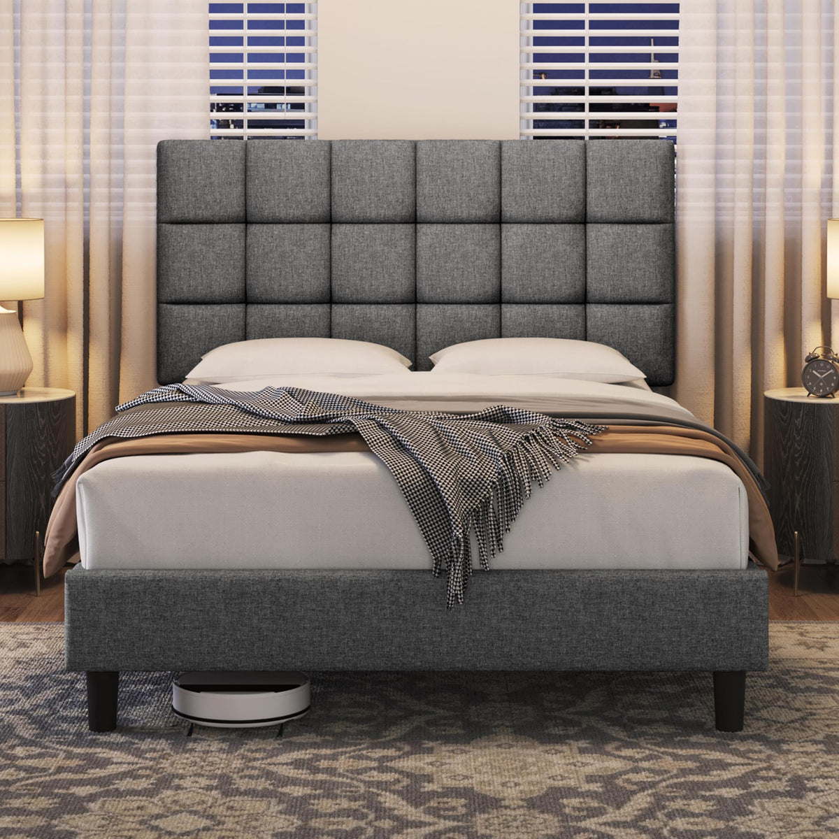 Upholstered Bed Frame with Square Tufted Headboard