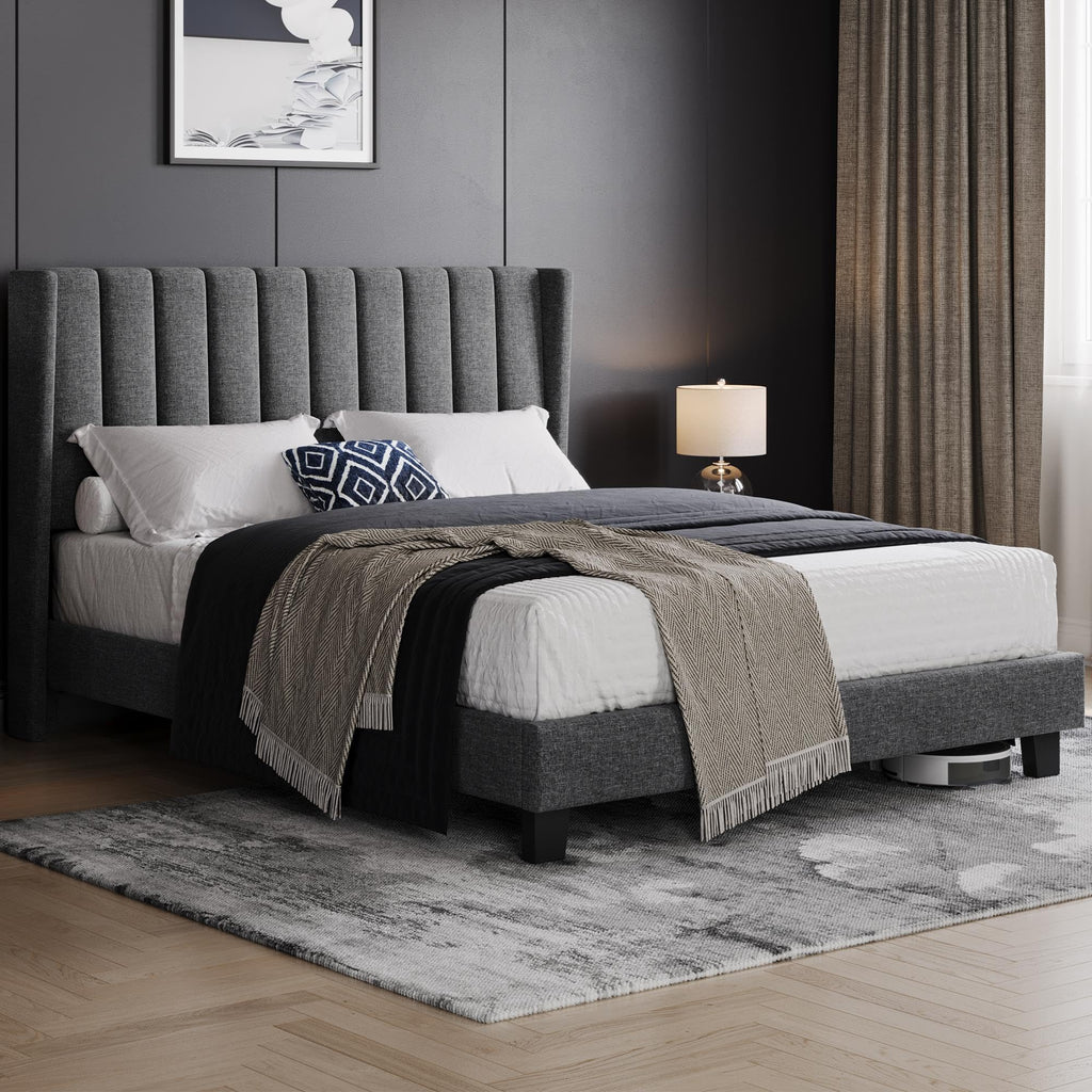 Shano Furniture Channel-Tufted Wing Bed Frame, Double, Beige