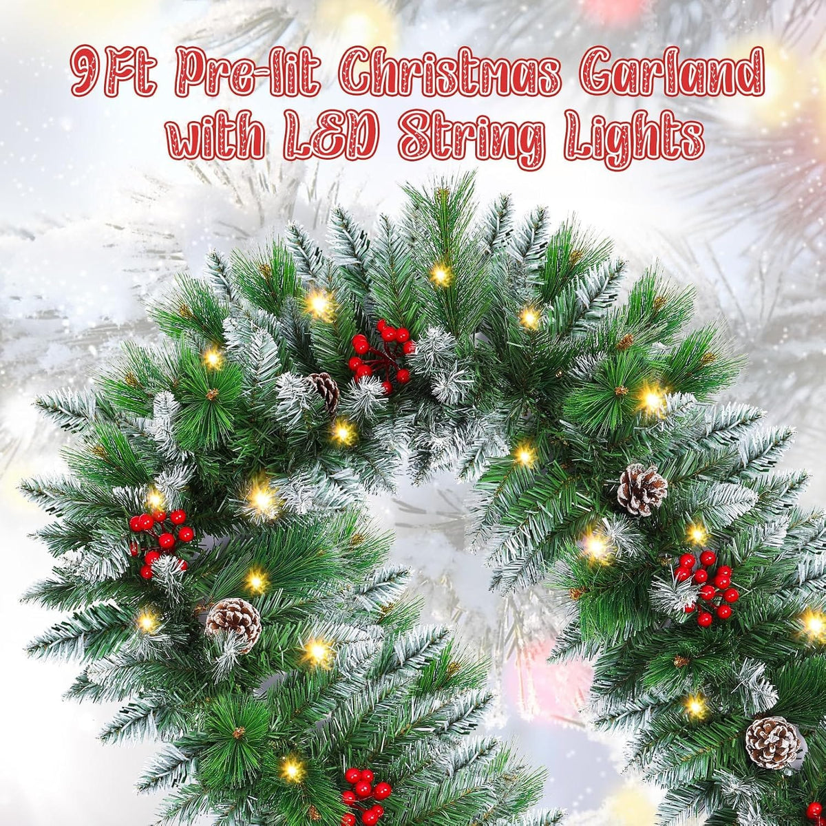 Christmas garland,christmas garland with lights Decorated Snow Tipped Artificial Green Xmas Garland with Pinecones and Red Berries for Home Stairs Fireplace Front, Christmas Decorations 9 Ft