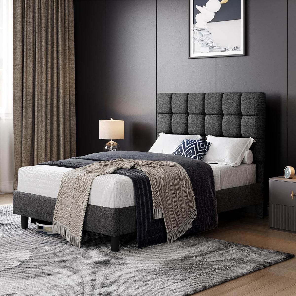 Upholstered Bed Frame with Square Tufted Headboard