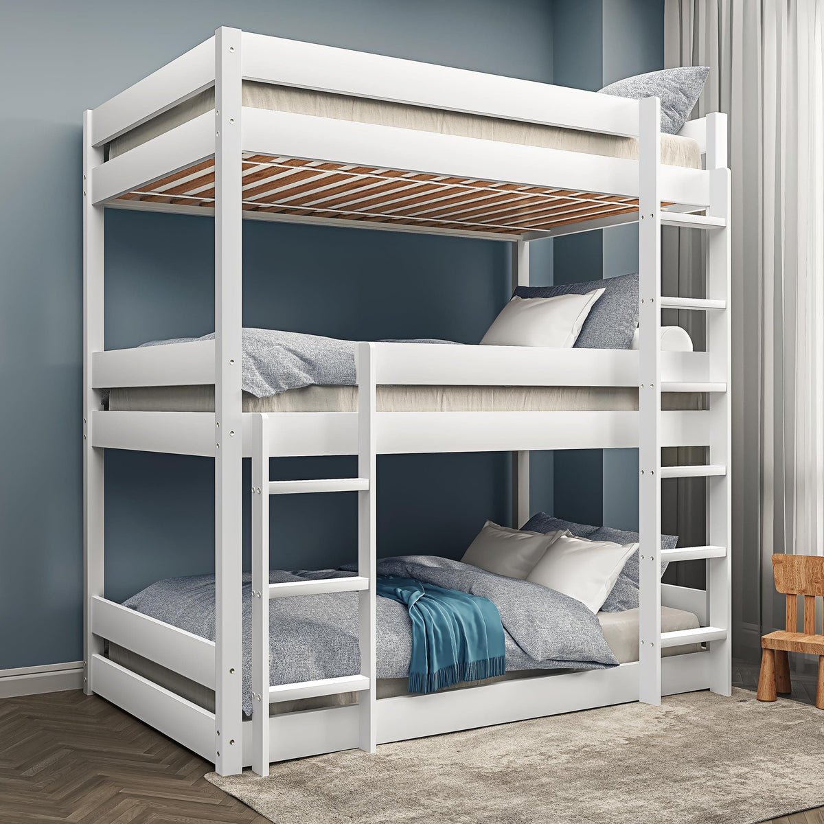 Shano Bunk Bed, 3ft Triple Bunk Bed with Ladder, Wooden Triple Sleeper Kids Bunk Bed, Solid Pine Wood Single Bed Frame for Children, Space Saving High Sleeper Bunk Bed