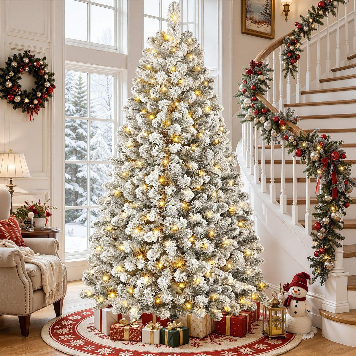 Shano's Pre Lit Christmas Tree Snow Flocked with 13 Modes & 932 Tips