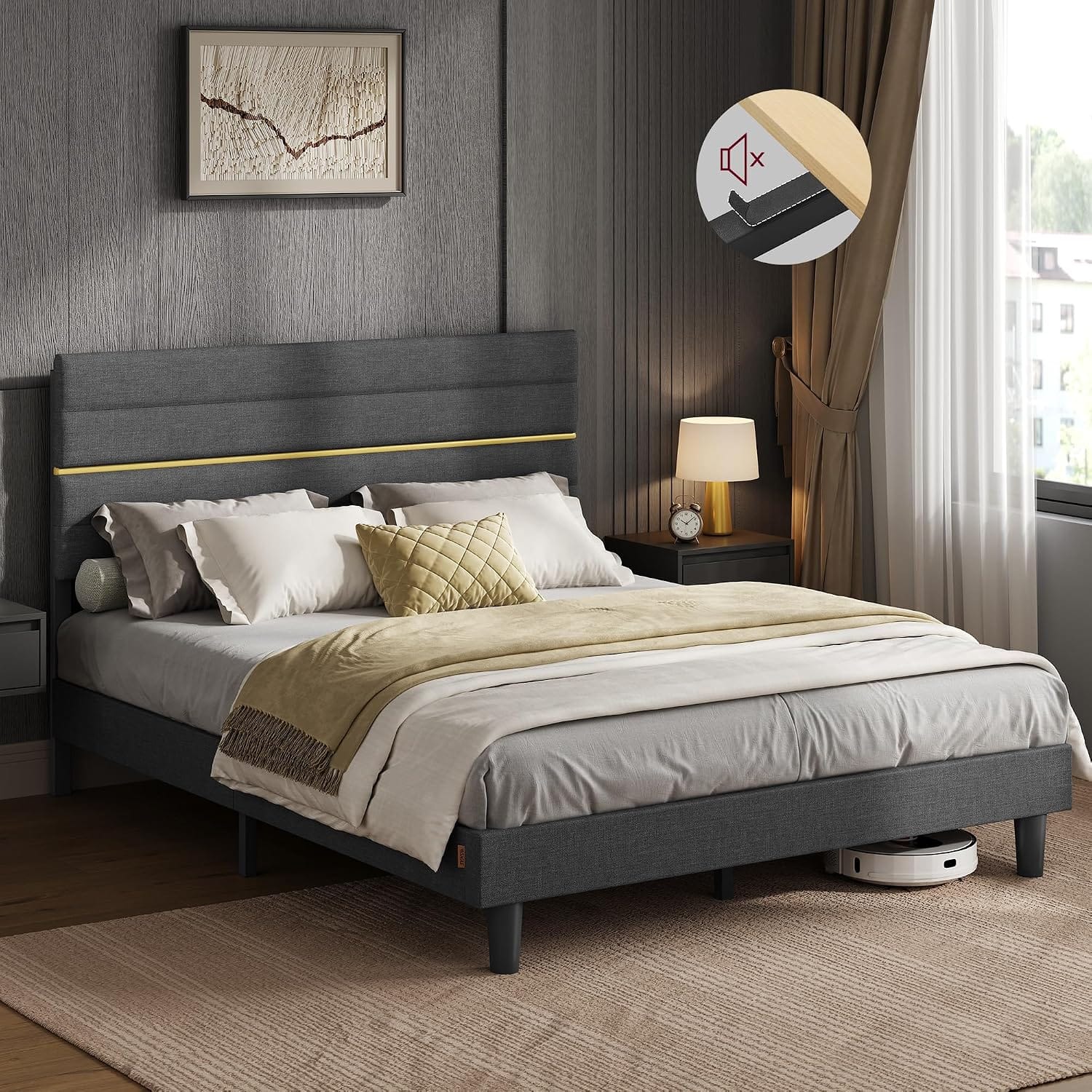 Upholstered Bed Frame | Adjustable Headboard | Metal Frame & Wooden Slats | Double & King