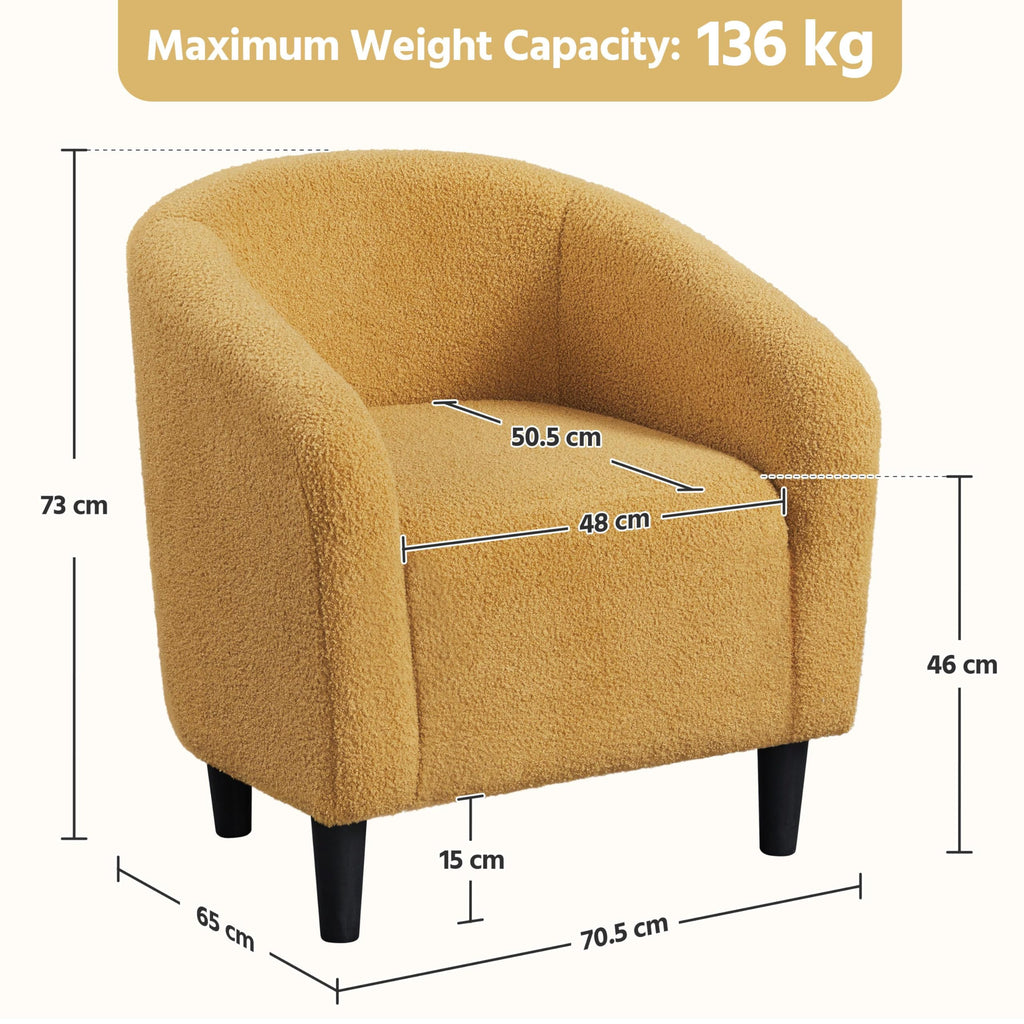 Shano Boucle Accent Tub Chair | Scandinavian Style | 28D Foam | Tapered Wooden Legs | 4 Colours