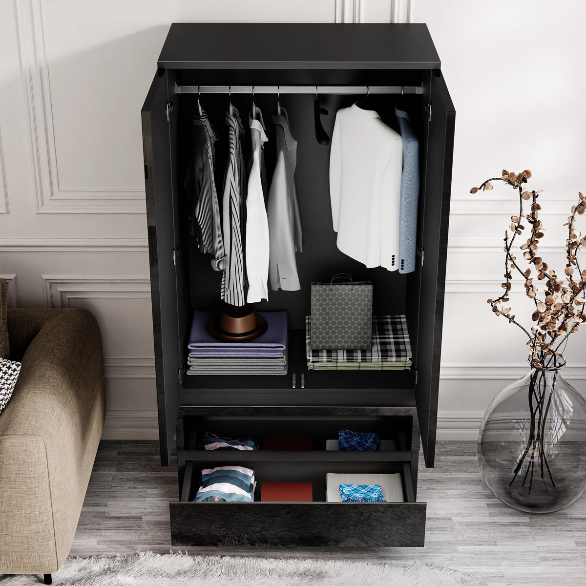 Shano High Gloss Wardrobe for Bedroom – White 2 Door & 2 Drawers Wooden Wardrobe with Hanging Rail, Modern Double Clothes Storage Cupboard Unit for Bedroom Furniture