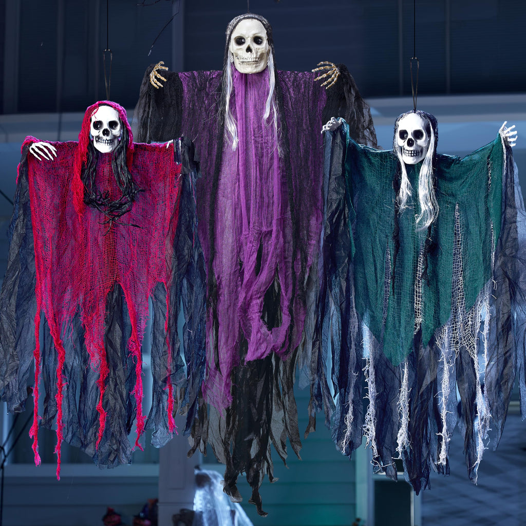 JOYIN 3 Pack Hanging Halloween Skeleton Ghosts Decorations, Grim Reapers for Halloween Outdoor Decorations