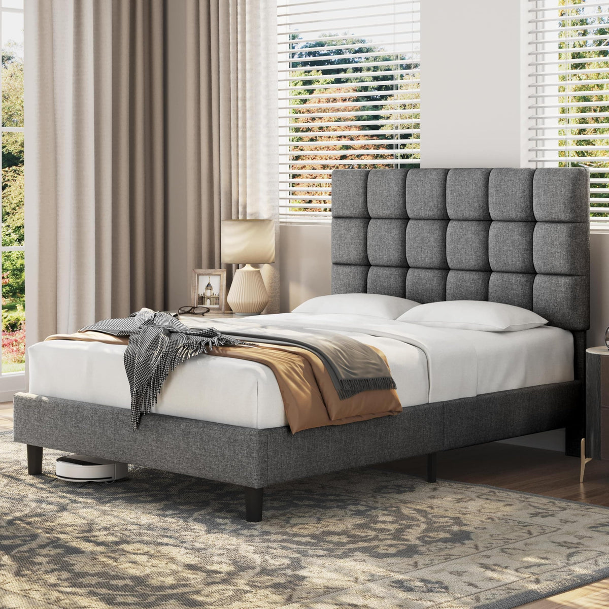 Upholstered Bed Frame with Square Tufted Headboard
