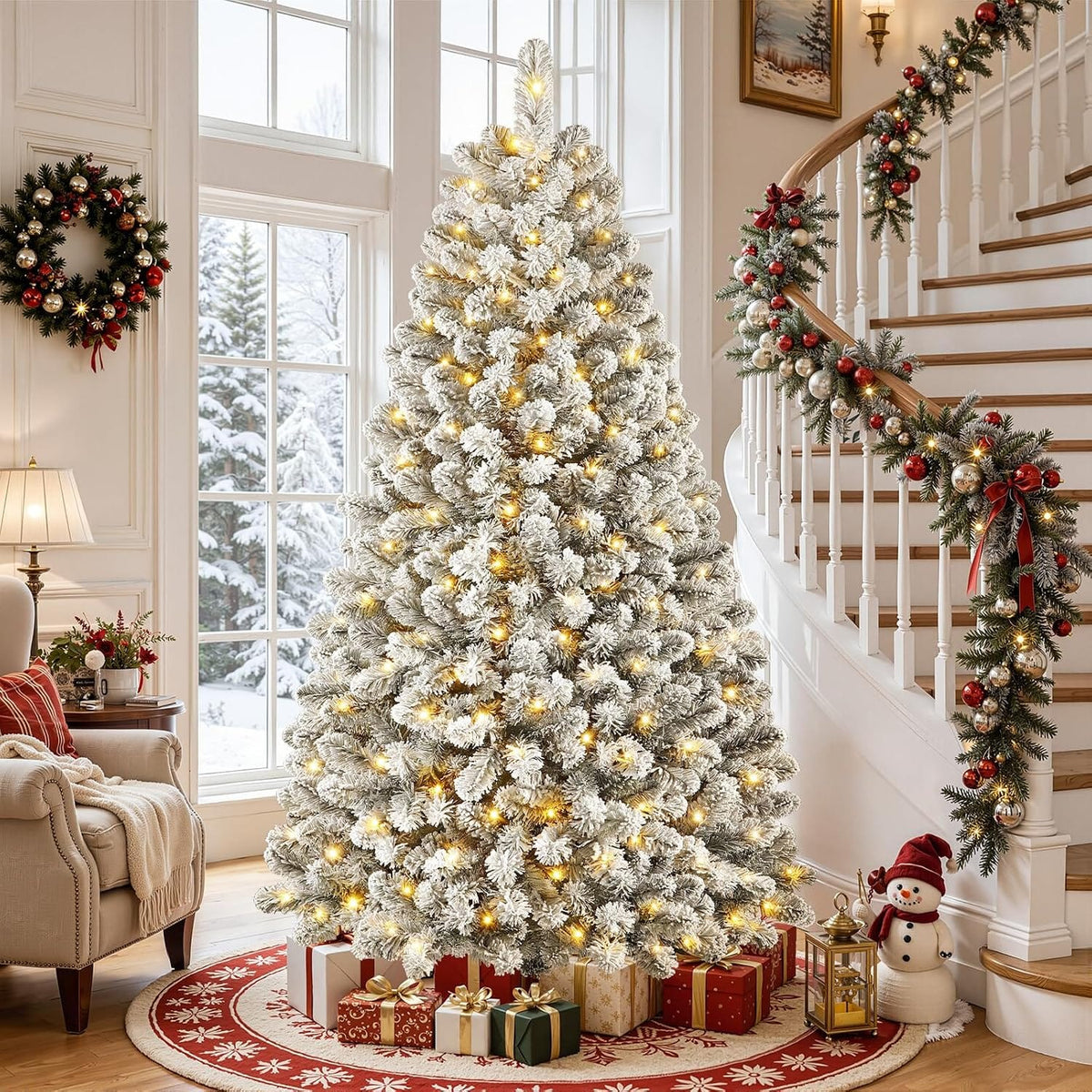 Shano's Pre Lit Christmas Tree Snow Flocked with 13 Modes & 932 Tips