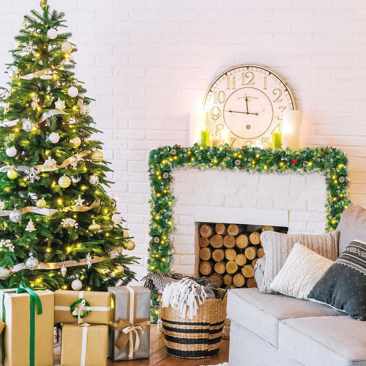 1.8M/6FT Christmas Garland with Lights, Christmas Garlands for Fireplace Stairs PE Artificial Wreath with 50 LED Lights for Xmas Tree Front Door Home Holiday Decor