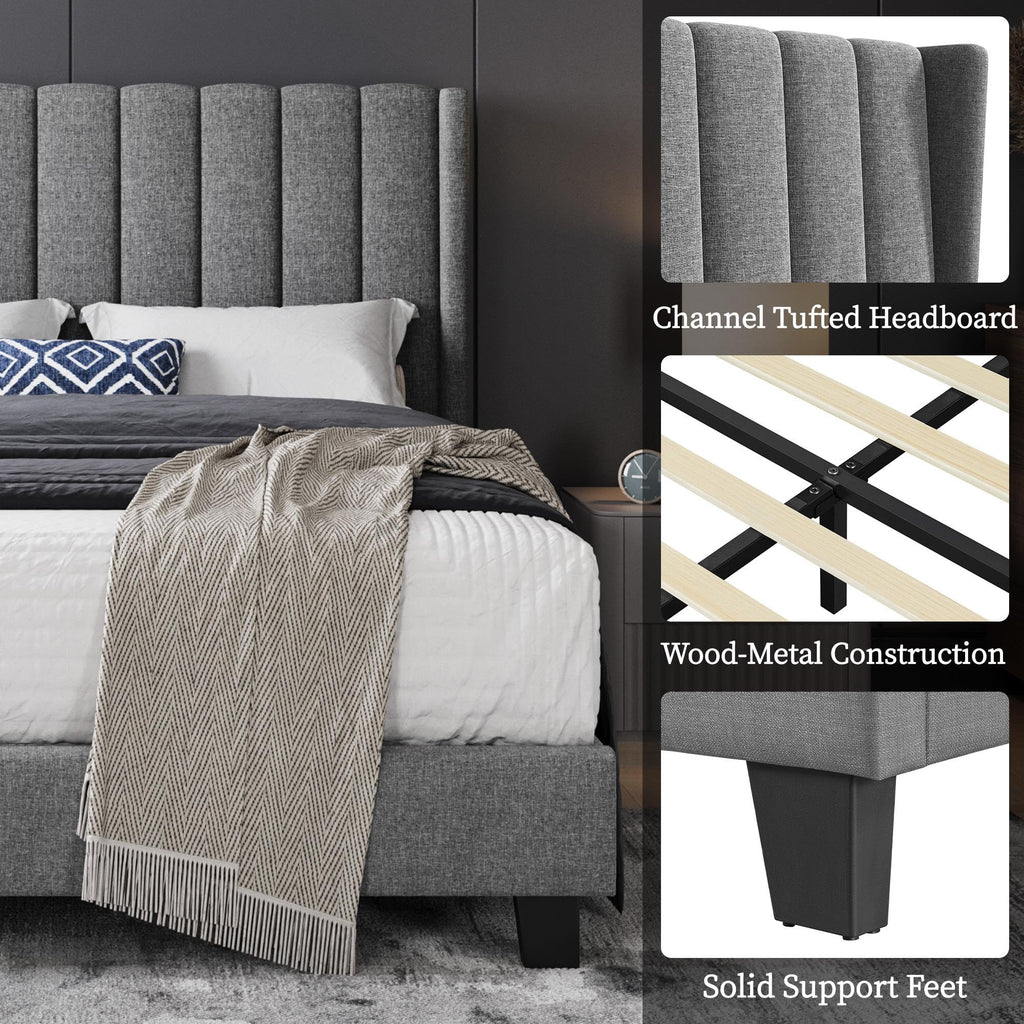 Shano Furniture Channel-Tufted Wing Bed Frame, Double, Beige