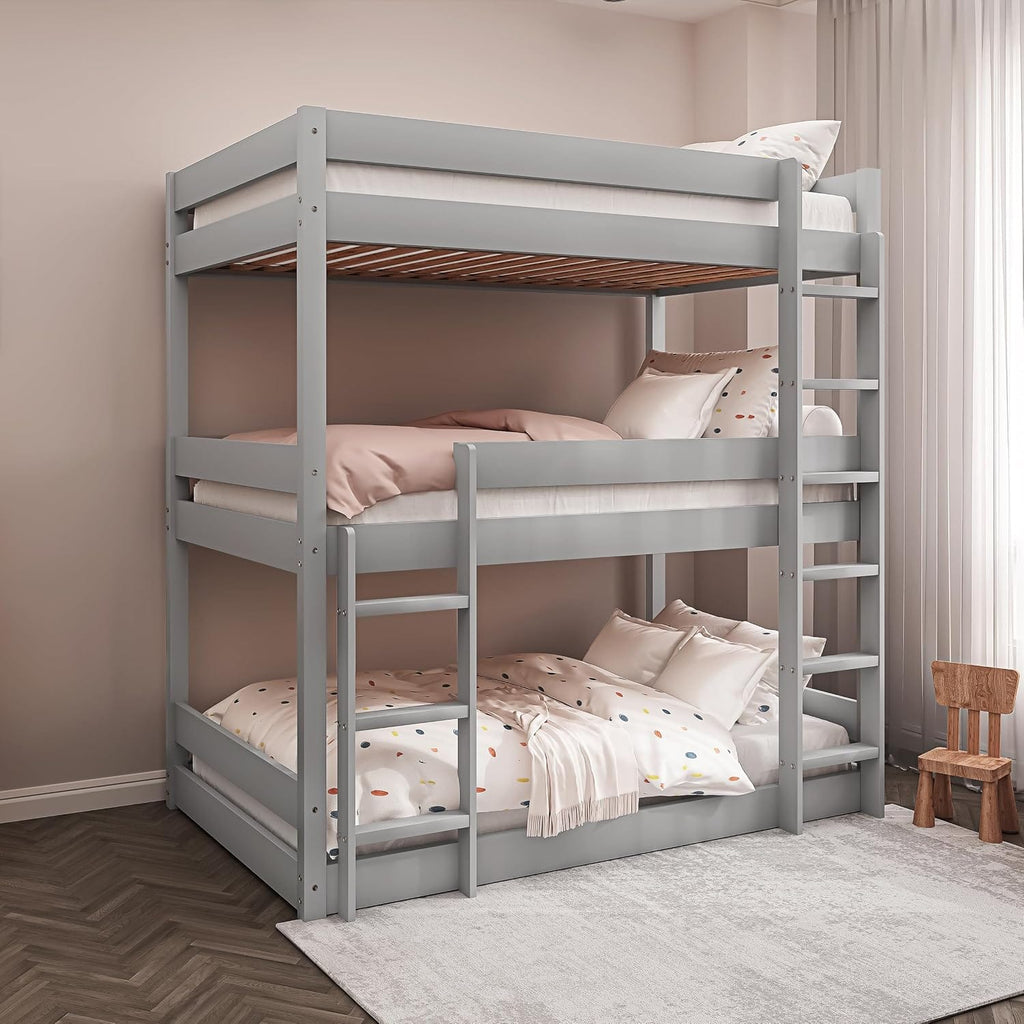 Shano Bunk Bed, 3ft Triple Bunk Bed with Ladder, Wooden Triple Sleeper Kids Bunk Bed, Solid Pine Wood Single Bed Frame for Children, Space Saving High Sleeper Bunk Bed