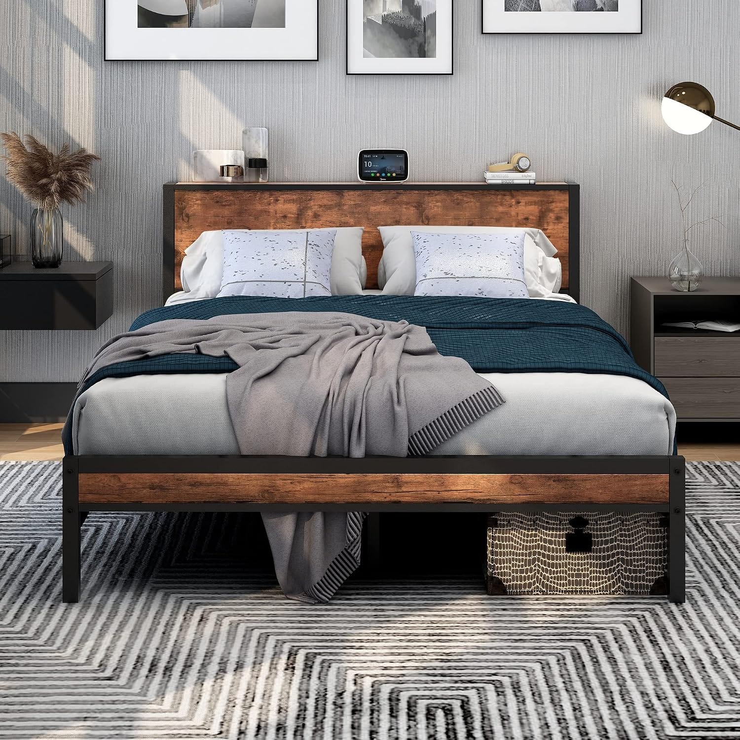 Metal Bed Frame with Wooden Storage Headboard | Heavy Duty Steel Slats | Single, Double & King