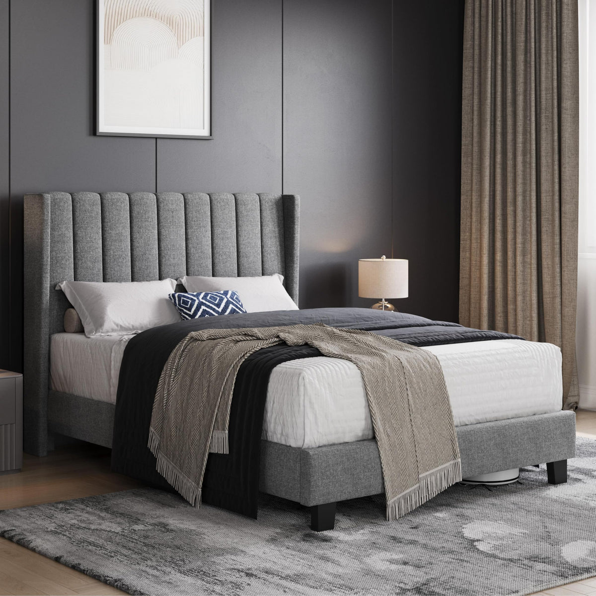 Shano Furniture Channel-Tufted Wing Bed Frame, Double, Beige